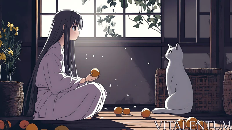 Anime girl with oranges and white cat in wooden sunlit room