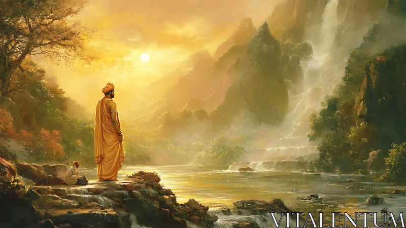 Monk studies cascading mountain waterfall under diffused golden light