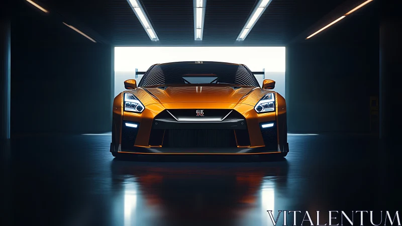 Golden Nissan GT-R front view under dramatic tunnel light.