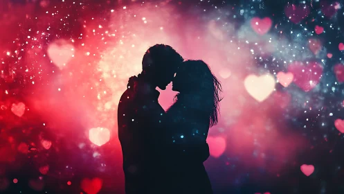 Silhouetted couple kissing with bokeh heart and particle effects