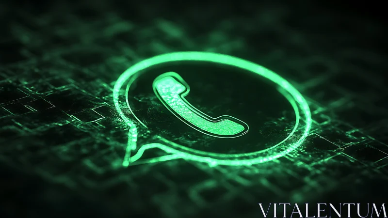 Neon WhatsApp icon glows over encrypted digital matrix.