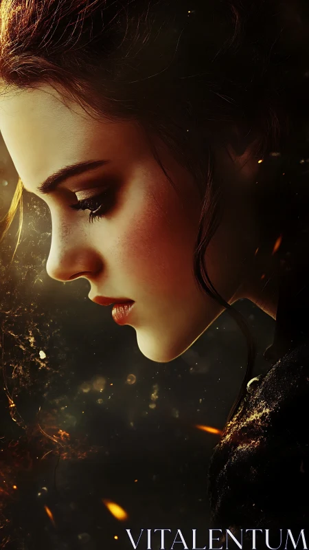 Fiery profile portrait captures solemn female resolve in ember glow.