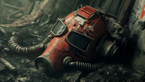 Post-apocalyptic red respirator helmet in corroded debris field.
