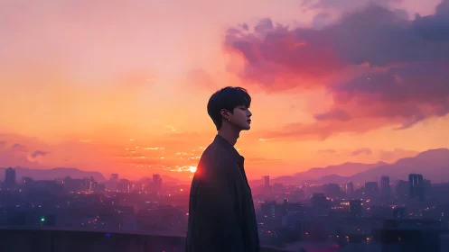 Solitary rooftop dreamer under neon-softened sunset haze.