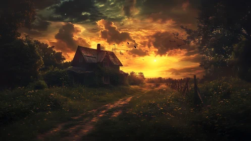 Sunset blazes over an overgrown cottage on a lonely path