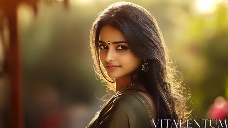 Sunlit portrait of elegant woman in green traditional dress.