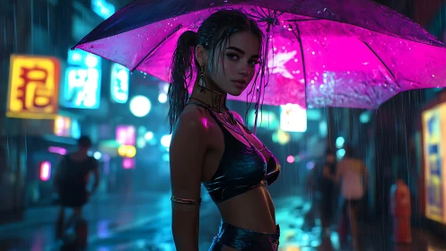 Neon lit street portrait under vivid pink umbrella in rain.