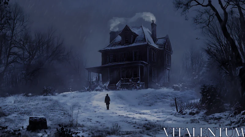 Solitary figure approaches snowbound Victorian manor at night