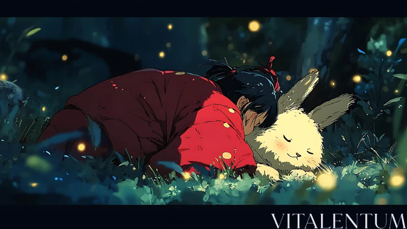 Child in scarlet kimono resting beside luminous forest creature.
