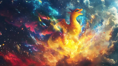 Fiery dragon soaring through galaxies of glowing color.