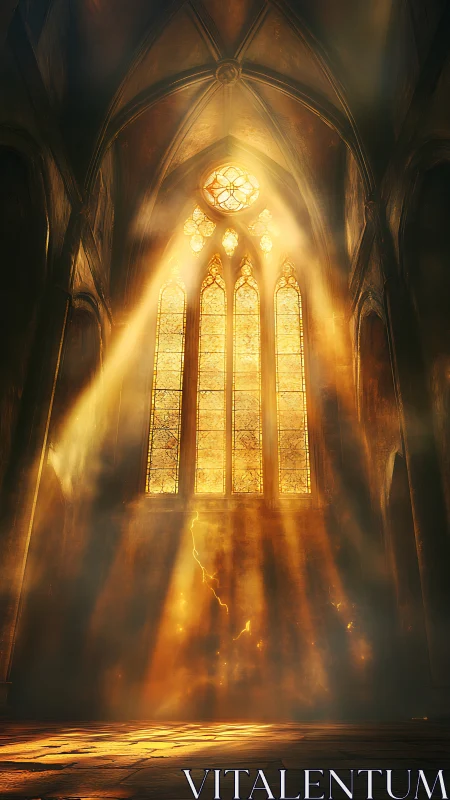 Golden light floods gothic cathedral hall in sacred silence