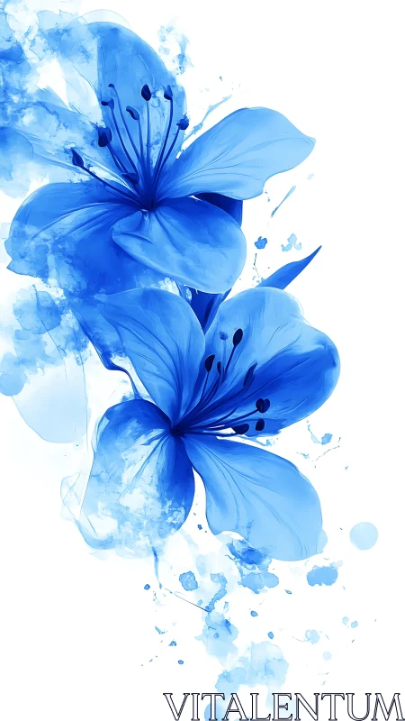 Serene Blue Flowers Dancing in Watercolor Splashes