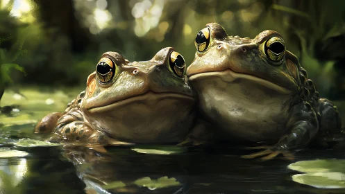 Hyperreal amphibian pair rendered in luminous wetland light