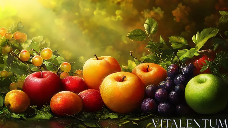 Sunlit still life fruit arrangement under golden foliage.