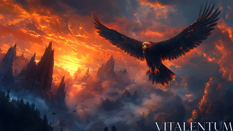 Ember-winged eagle soaring over volcanic dusk spires.