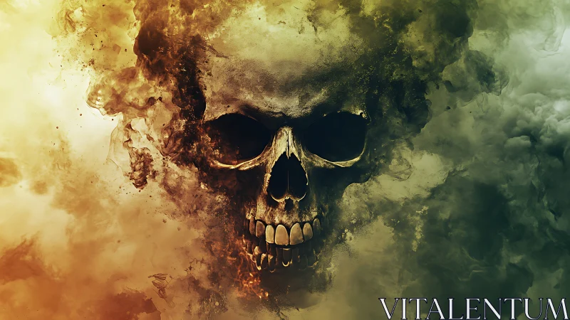 Human skull structure emerges within dense swirling smoke