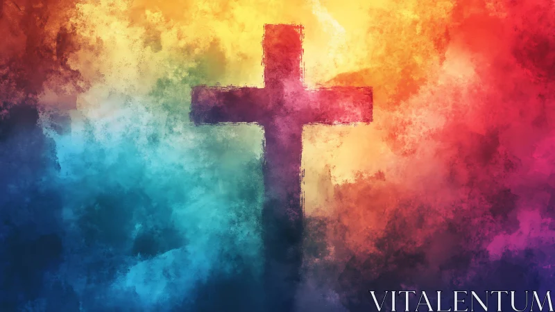 Silhouette cross centered on diffuse multicolor gradient field.