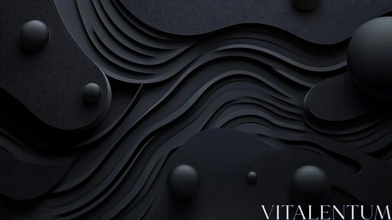Abstract 3D Black Layered Waves and Spheres, Modern Minimalist Art.