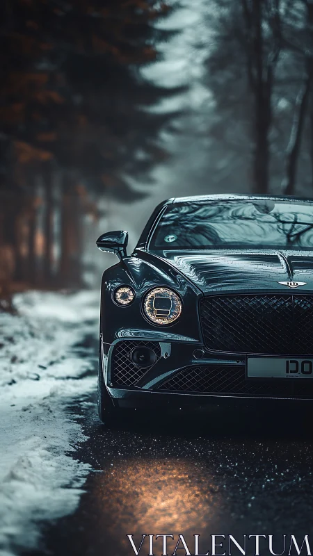 Luxury coupe front view isolates against moody winter forest