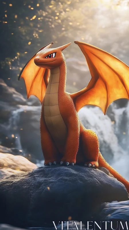Orange winged dragon stands on wet rock before waterfall