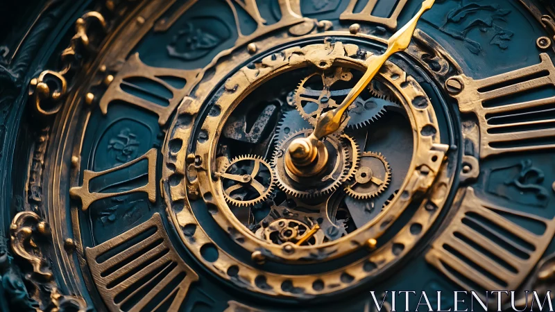 Macro view reveals ornate mechanical clockwork with exposed brass gears