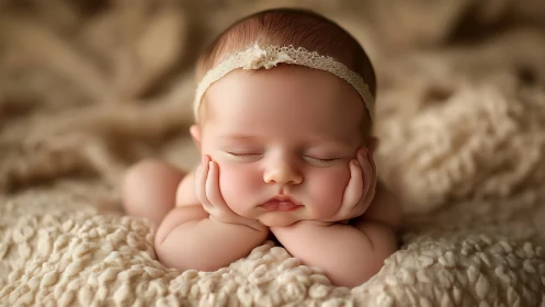 Sleeping newborn baby in cream headband and neutral tones