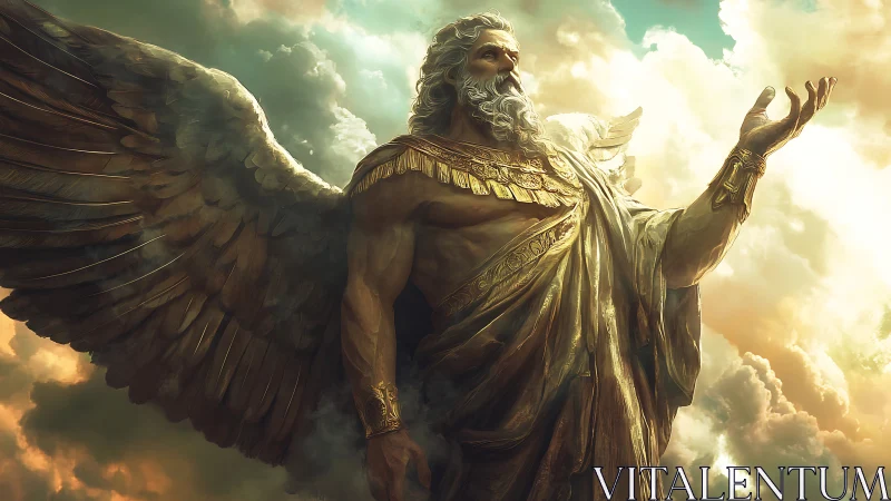 Majestic winged guardian rises in golden stormlit clouds