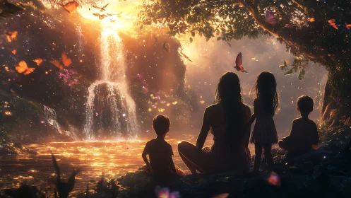 Family gathering by a golden waterfall in gentle twilight.