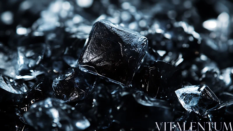 Macro close-up isolates glossy black ice cube in cold bokeh field