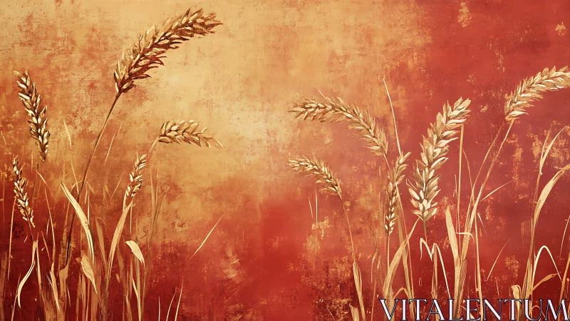 Golden wheat silhouettes sway against rustic red glow.