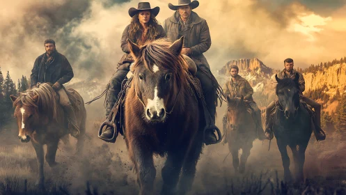 Cinematic cowboys ride through dust-filled canyon landscape.