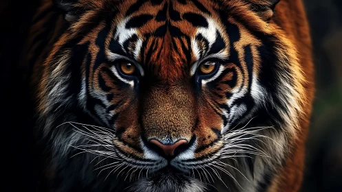 Fierce tiger gaze glows warmly against deep shadowed background