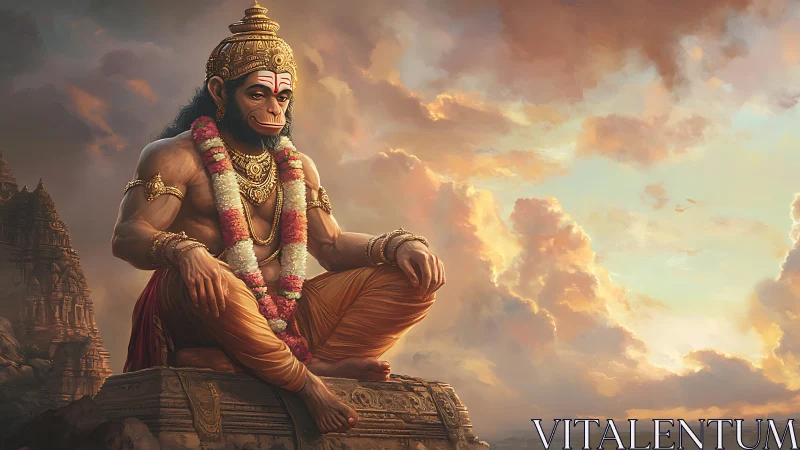 Divine Hanuman seated on temple plinth at radiant sunset.