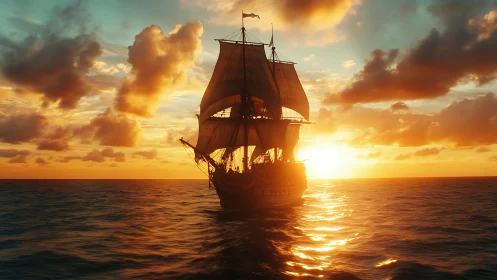Sunlit sailing ship drifting gently across golden waters.