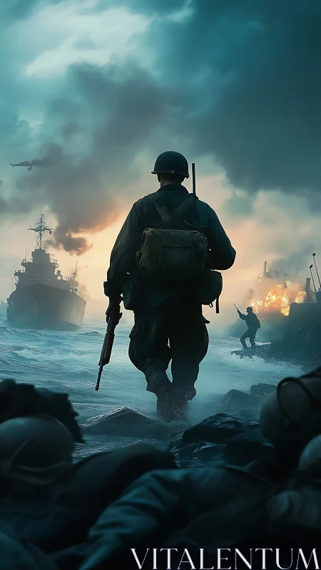 Storm-lashed soldier strides into a burning coastal horizon