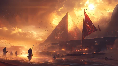 Apocalyptic desert pyramids under burning storm sky at dusk