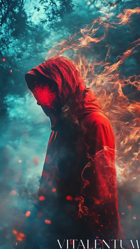 Hooded figure in red cloak surrounded by swirling fire.