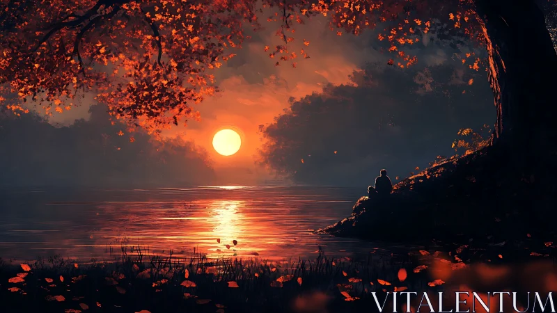 Backlit autumn lakeside silhouette under saturated sunset glow