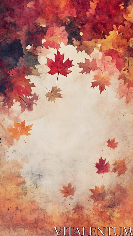 Crimson and gold maple leaves swirl in soft autumn light.