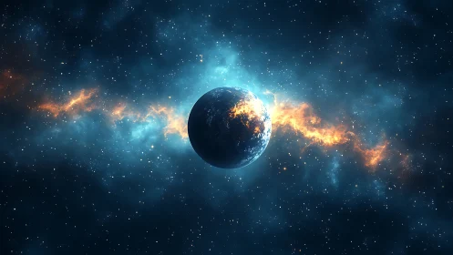 Planetary silhouette intersects incandescent galactic nebula