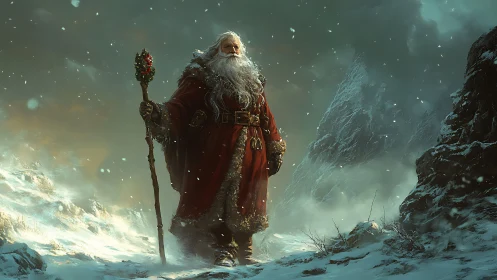 Mythic winter guardian in crimson robes on stormy ridge.