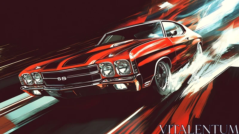 Red muscle car illustration with dynamic motion lines.