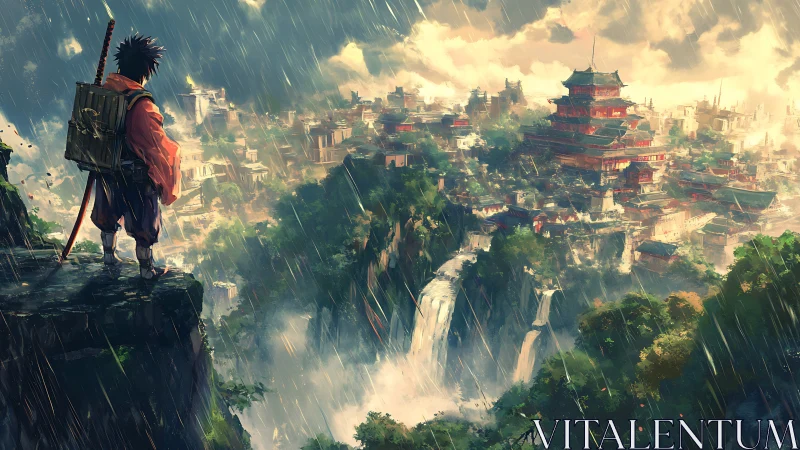 Lone traveler surveys rain-soaked cliff city of waterfalls.