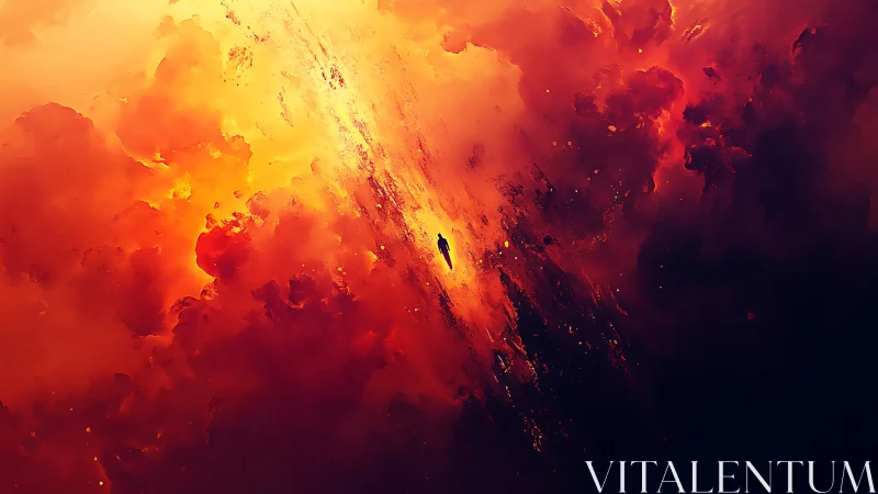 Solitary figure drifts through blazing cosmic storm clouds.