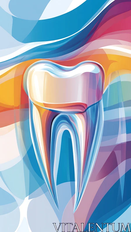Colorful abstract tooth illustration on flowing gradient background.