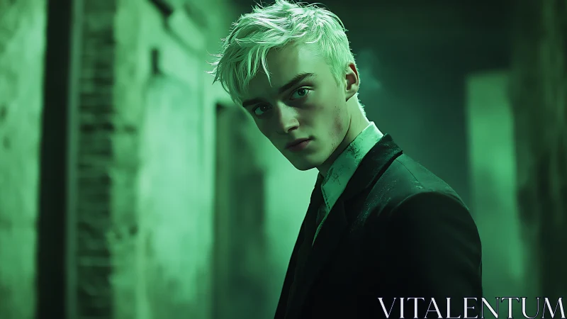 Brooding platinum-haired man stands in eerie green corridor