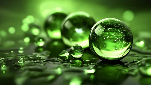 Green translucent spheres on reflective wet surface study.