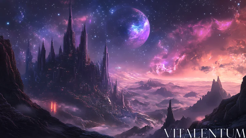 Starlit alien city rises over misty mountains and glowing sky