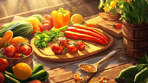 Sunlit rustic still life renders fresh vegetables in detail