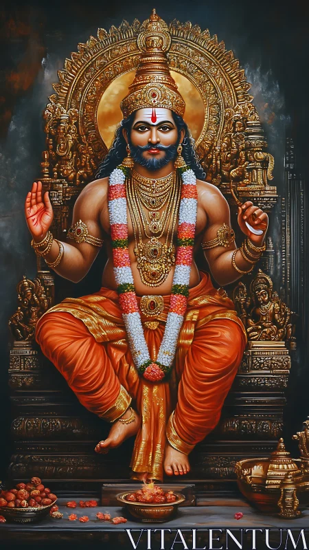 Hindu deity seated on ornate golden throne with offerings.